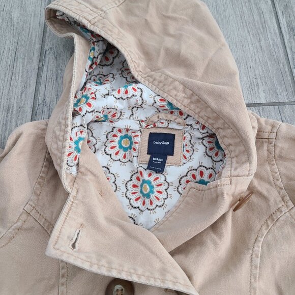 Baby Gap Toddler Girls Tan Hooded Peacoat Jacket with Floral Lining Size 5 - Picture 10 of 14